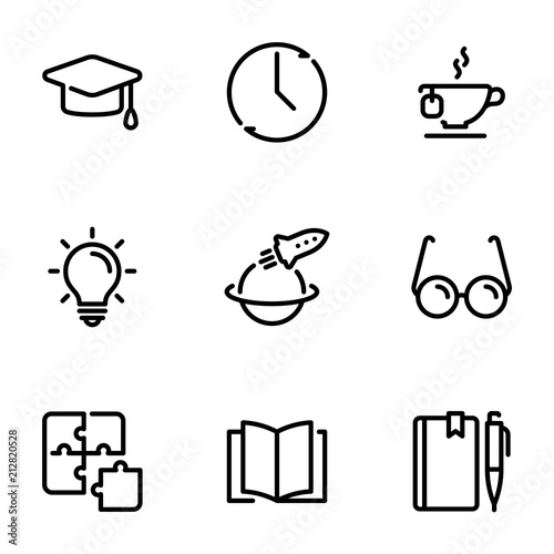 Set of black vector icons, isolated on white background, on theme Teaching and reading books