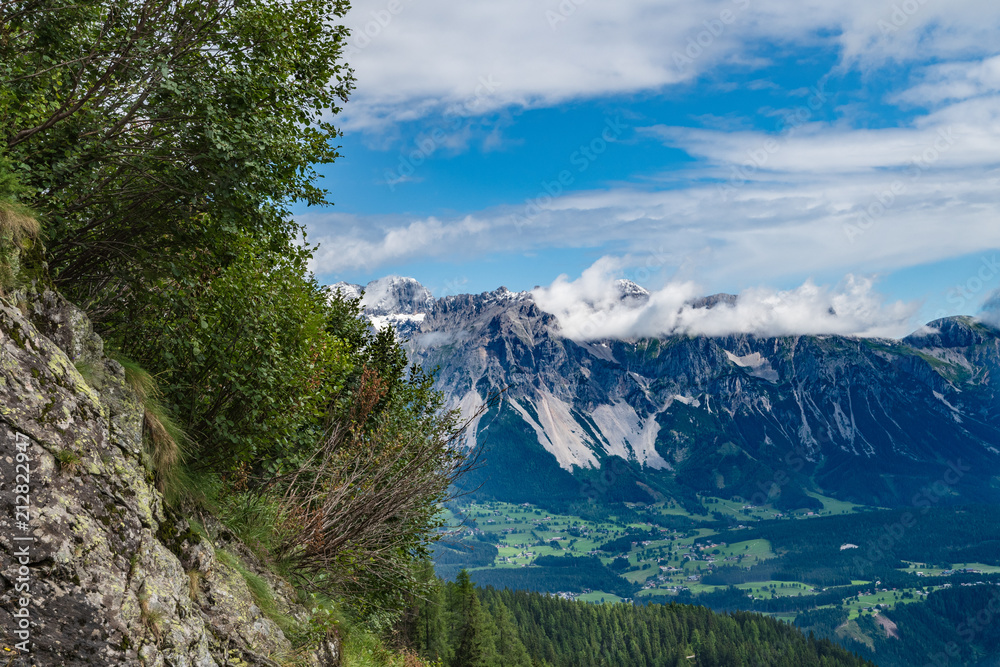 View to Hohe Dachstein mountain range with bushes in the foreground