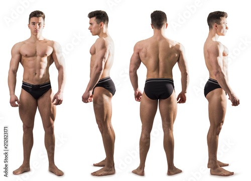 Four views of muscular shirtless male bodybuilder: back, front and profile shot, isolated on white background