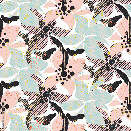Seamless pattern with bold pastel flowers with shaded texture.