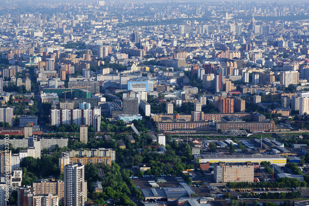 MOSCOW, RUSSIA - June 3, 2018. View of Moscow from the Ostankino TV tower. Are visible areas - Ostankino, Tverskoy and Arbat.