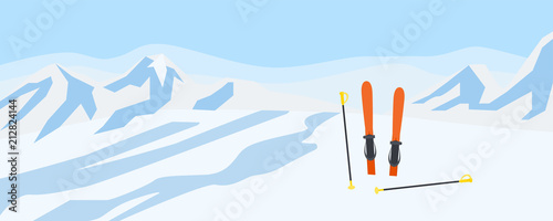 Ski on mountains snow concept background. Flat illustration of ski on mountains snow vector concept background for web design