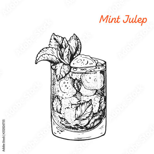 Mint Julep cocktail illustration. Alcoholic cocktails hand drawn vector illustration. Sketch style.