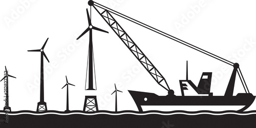 Floating crane installing wind turbine in the sea - vector illustration