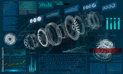 HUD UI for business app. Futuristic 3d isometric jet engine, mechanism. Virtual interface statistic and diagrams. HUD UI infographic, interface screen, set futuristic interface elements! Vector