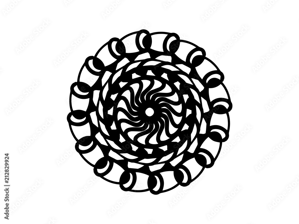 Black vector mandala on white background. Spiral mandala decor element. Round stamp template. Black vector mandala on white background. Spiral mandala decor element. Round stamp template.