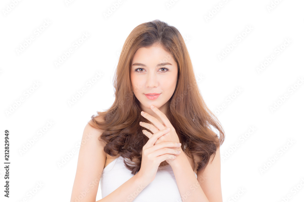 Portrait of beautiful woman asian makeup of cosmetic, girl hand touch chin and smile attractive, face of beauty perfect with wellness isolated on white background with skin healthcare concept. Portrait of beautiful woman asian makeup of cosmetic, girl hand touch chin and smile attractive, face of beauty perfect with wellness isolated on white background with skin healthcare concept.