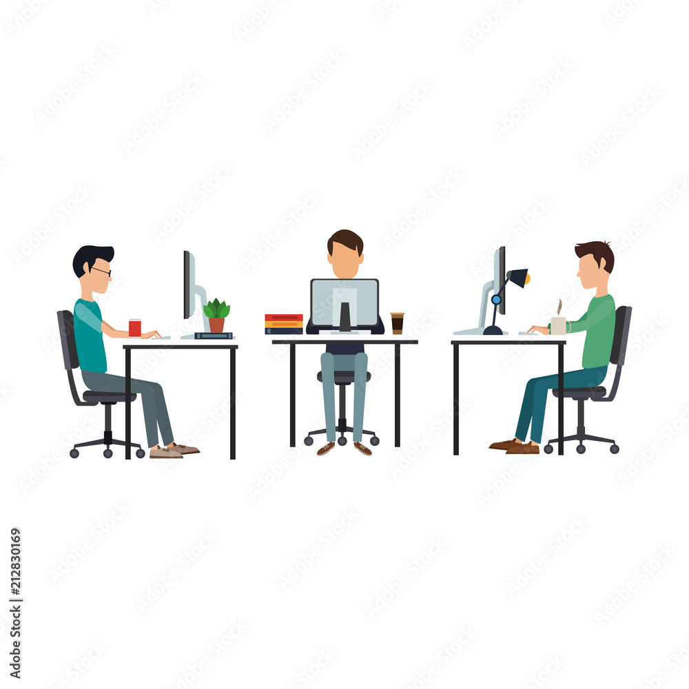 Mens working with computers at office vector illustration graphic design