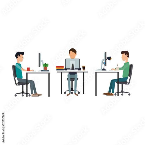 Mens working with computers at office vector illustration graphic design