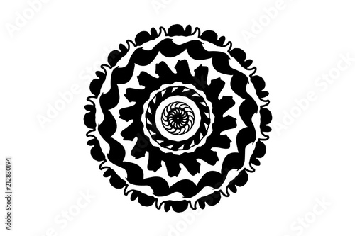 Black vector mandala on white background. Silhouette mandala decor element. Round stamp template.
