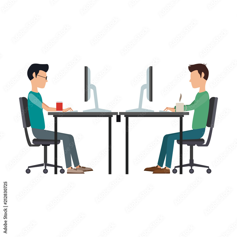 Mens working with computers at office vector illustration graphic design Mens working with computers at office vector illustration graphic design