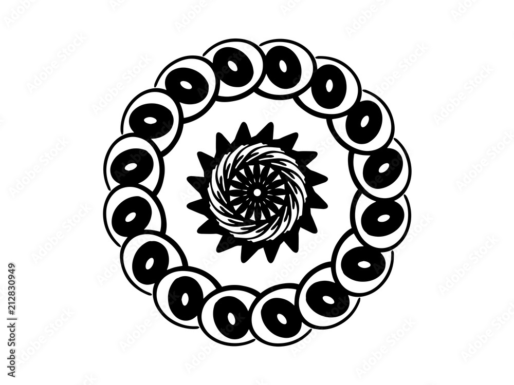 Black playful mandala on white background. Mandala with move illusion vector. Round stamp template. Black playful mandala on white background. Mandala with move illusion vector. Round stamp template.