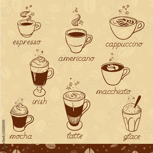 Set of Coffee kind menu drinking cup.
