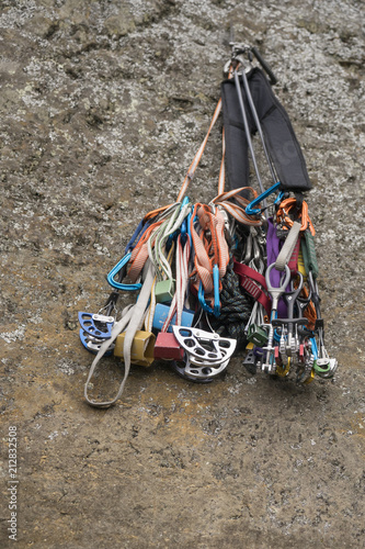 mountain climbing gear on the side of the rock