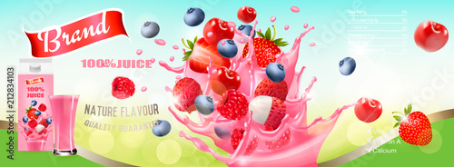 Fresh Juice with Berries and Splashing Liquid. Advert Concept. Design template. Vector.