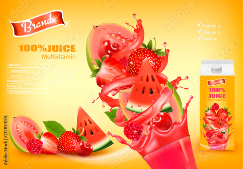 Fresh Juice with Exotic Fruits and Splashing Liquid. Advert Concept. Design template. Vector.