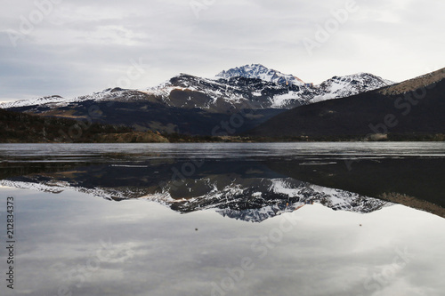 Frozen lake with the reflex snowy mountain