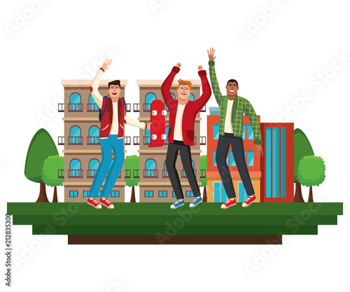 Young skaters having fun at city vector illustration graphic design