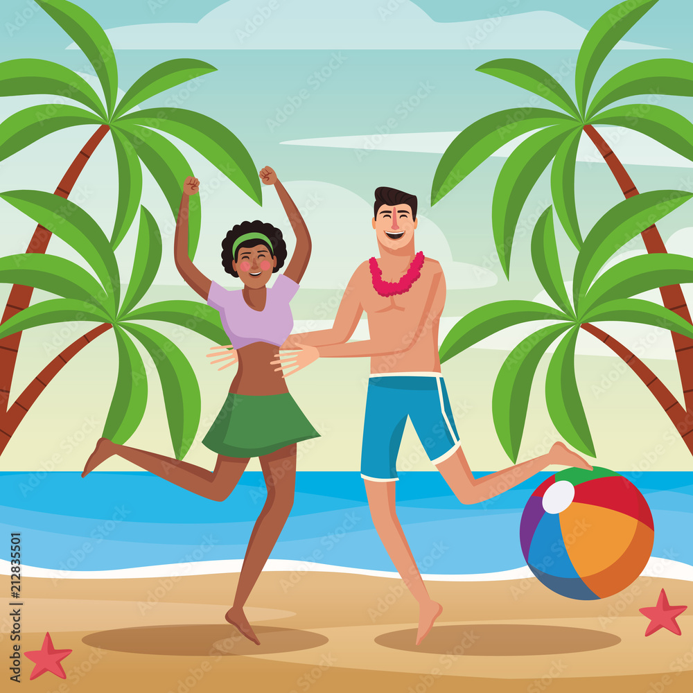 Beautiful couple having fun at beach vector illustration graphic design