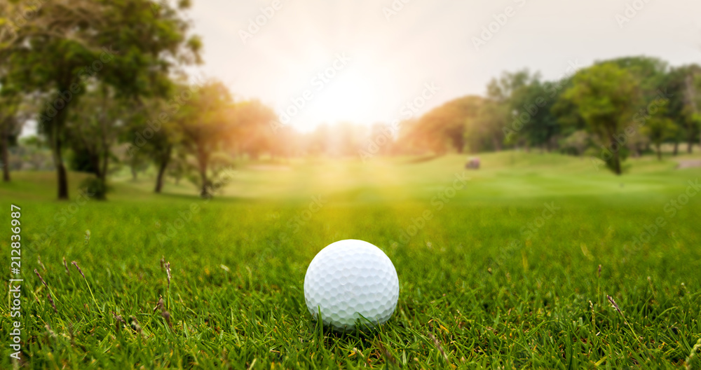Golf ball on blurred beautiful green grass with sunlight in morning time. Sport and recreation playground for golf club concept. Golf ball on blurred beautiful green grass with sunlight in morning time. Sport and recreation playground for golf club concept.