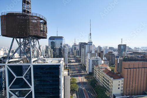 Paulista avenue in Sao Paulo. Aerial view of most famous avenue of Sao Paulo on national holiday morning on a sunny day. Important financial and business center of Brazil.