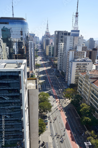 Paulista avenue in Sao Paulo. Aerial view of most famous avenue of Sao Paulo on national holiday morning on a sunny day. Important financial and business center of Brazil.