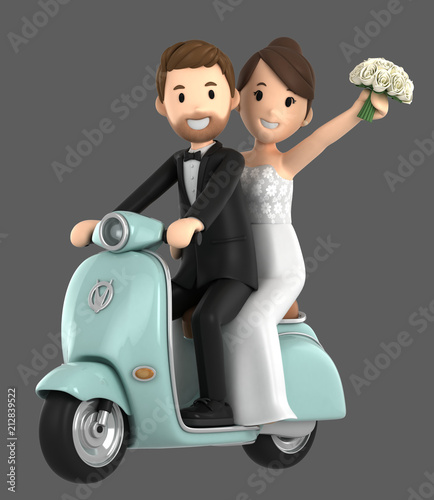 3d illustration of a newly wed couple riding a bicycle photo