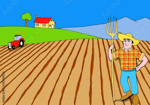 Illustration of a farmer contemplating his harado field