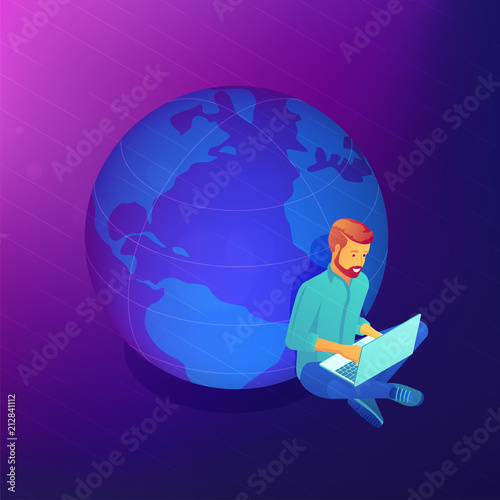 Isometric outsource developer designer working on laptop behind the globe
