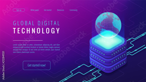 Isometric global digital technology landing page. Big data, cloud information storage, global transferring technology and remote access concept on ultraviolet background. Vector 3d illustration.