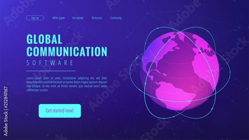 Isometric global communication landing page. Transnational communication, global information transferring technology and big data concept on ultraviolet background. Vector 3d isometric illustration.