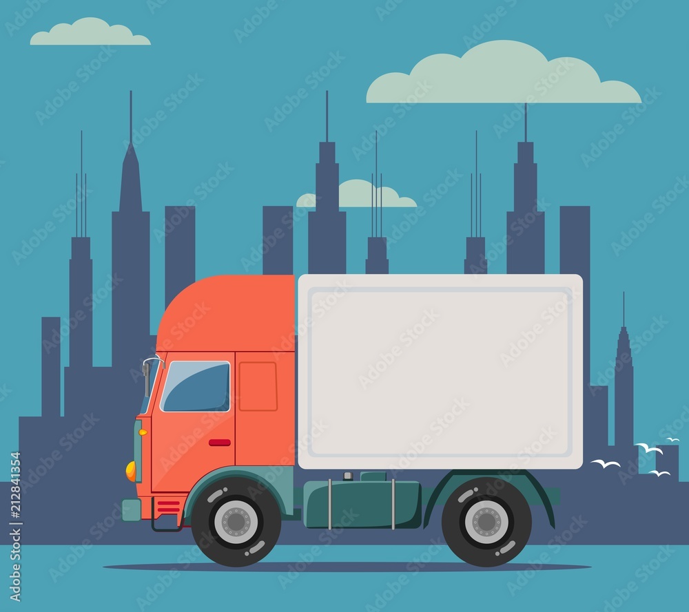 Truck delivery vector illustration isolated on background. Truck car on road in flat style. Trucking and delivery concept design. Truck delivery vector illustration isolated on background. Truck car on road in flat style. Trucking and delivery concept design.