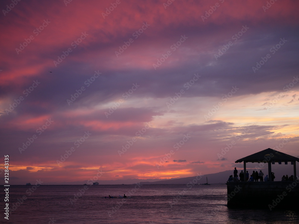 colorful tropical pink sunset sky clouds waikiki hawaii