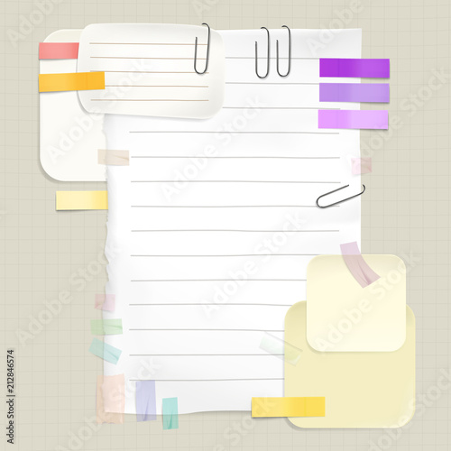Reminders and message notes vector illustration of memo stickers and paper pages for to-do or task list with clips, sticky notes and adhesive tape on checkered copybook background