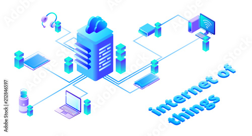 Internet of things vector illustration of smart devices network in web cloud communication technology. IOT in smartphone and computer laptop with Wi-Fi wireless connection to digital data