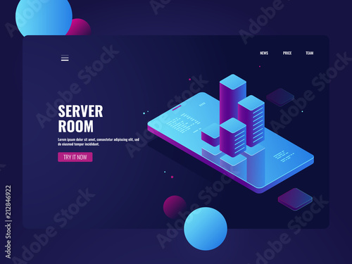 Data statistic and analysis application on mobile phone, bar char on smartphone screen, business strategy and planning isometric technology server room vector illustration