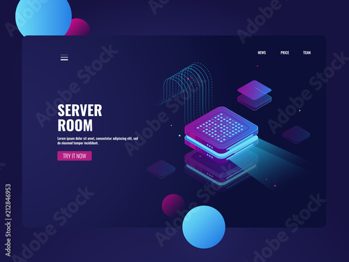 Data processing, projector presentation concept, hologram visualization, information flow incoming, datacenter and cloud storage conncetion isometric technology server room vector