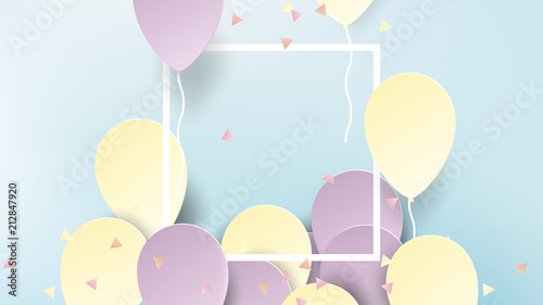 Purple and yellow balloons with confetti and white rectangle frame on blue background, paper art/paper cutting style