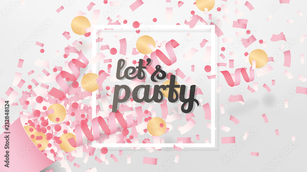 Exploding party confetti popper with white square frame, paper art/paper cutting style, sweet pink tone