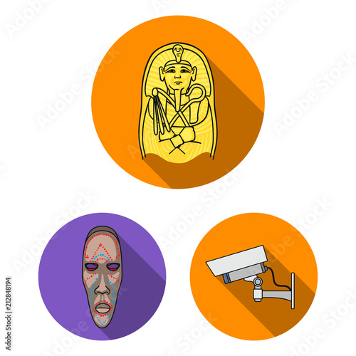 Museum and gallery flat icons in set collection for design. Storage and exhibition of showpiece vector symbol stock web illustration.
