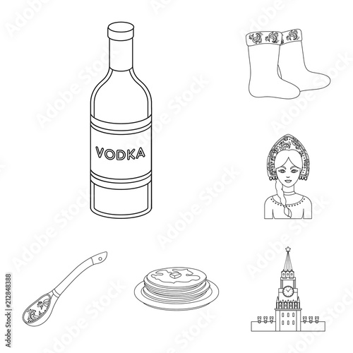 Country Russia, travel outline icons in set collection for design. Attractions and features vector symbol stock web illustration.