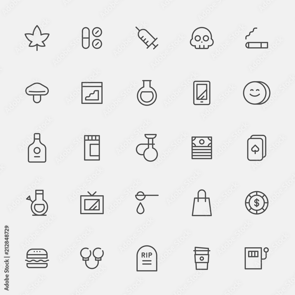 addiction icons flat design style vector graphic illustration set
