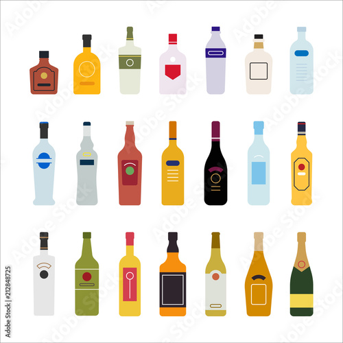 various kind of alcohol bottles flat design style vector graphic illustration set