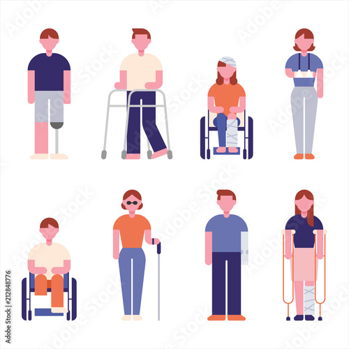 Patients with various areas of disability Character. flat design style vector graphic illustration set