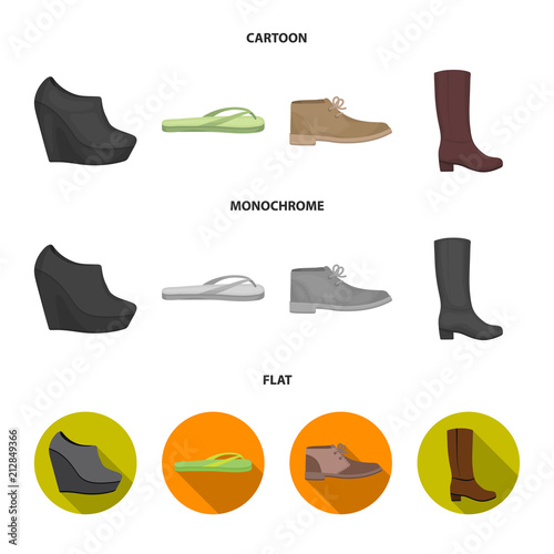 Autumn black shoes on a high platform, flip-flops green for relaxation, sandy men autumn shoes, high brown boots. Shoes set collection icons in cartoon,flat,monochrome style vector symbol stock