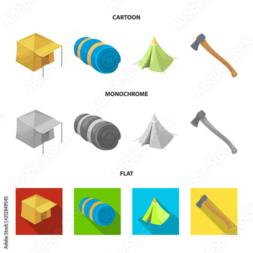 Tent with awning, ax and other accessories.Tent set collection icons in cartoon,flat,monochrome style vector symbol stock illustration web.