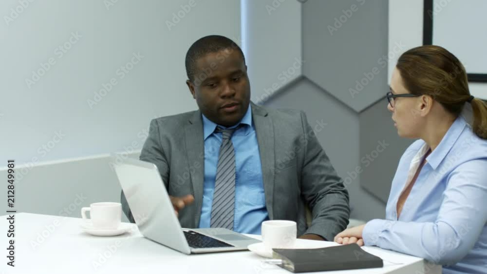 Tracking shot of caucasian businesswoman discussing something with african american male colleague while working on laptop Tracking shot of caucasian businesswoman discussing something with african american male colleague while working on laptop