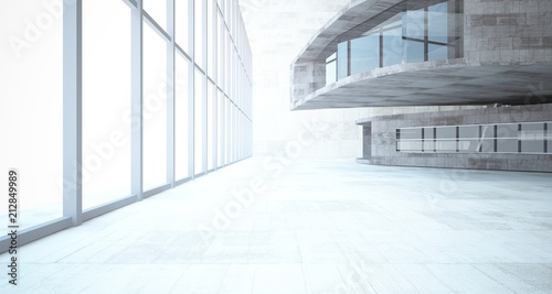 Abstract white and concrete interior with glossy white lines. 3D illustration and rendering.