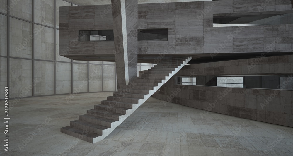 Abstract white and concrete interior with glossy white lines. 3D illustration and rendering. Abstract white and concrete interior with glossy white lines. 3D illustration and rendering.