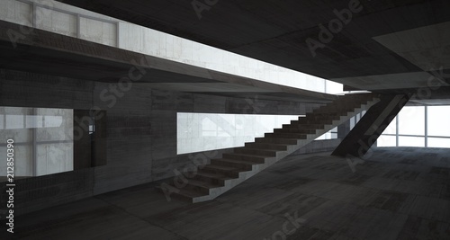 Abstract white and concrete interior with glossy white lines. 3D illustration and rendering.